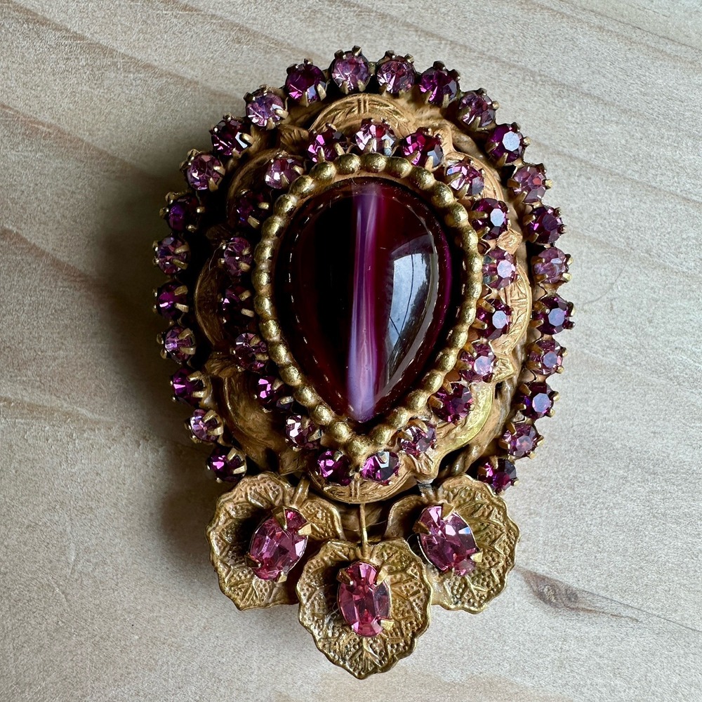 VTG Original By Robert Pendant Brooch 2 Inch Cat Eye Glass Cab Purple Rhinestone - Picture 13 of 13